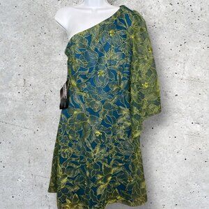 JS Collections Green & Blue Embroidered Mesh Off Shoulder Dress Size 8